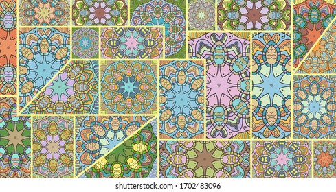 Vector patchwork quilt pattern. Vintage decorative collage. Hand drawn background. Indian, Arabic, Turkish motifs for printing on fabric or paper. Abstract colorful doodle pattern in mosaic style