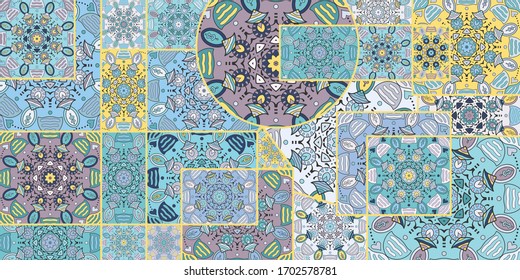Vector patchwork quilt pattern. Vintage decorative collage. Hand drawn background. Indian, Arabic, Turkish motifs for printing on fabric or paper. Abstract colorful doodle pattern in mosaic style