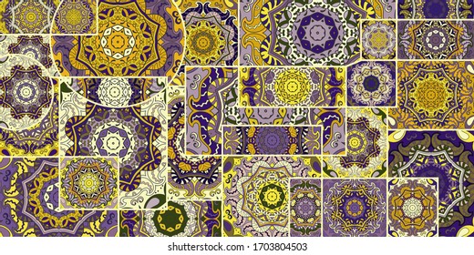 Vector patchwork quilt pattern. Vintage decorative collage. Hand drawn background. Indian, Arabic, Turkish motifs for printing on fabric or paper. Abstract colorful doodle pattern in mosaic style