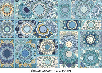 Vector patchwork quilt pattern. Vintage decorative collage. Hand drawn background. Indian, Arabic, Turkish motifs for printing on fabric or paper. Abstract colorful doodle pattern in mosaic style