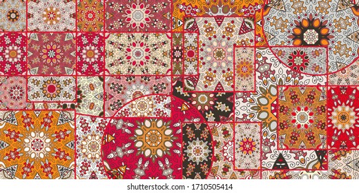 Vector patchwork quilt pattern. Vintage decorative collage. Hand drawn background. Indian, Arabic, Turkish motifs for printing on fabric or paper. Abstract colorful doodle pattern in mosaic style