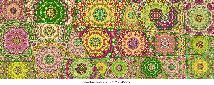 Vector patchwork quilt pattern. Vintage decorative collage. Hand drawn background. Indian, Arabic, Turkish motifs for printing on fabric or paper. Abstract colorful doodle pattern in mosaic style