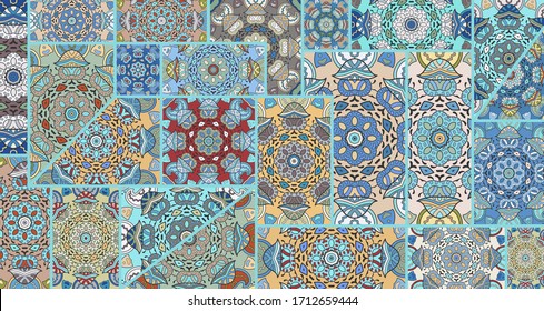 Vector patchwork quilt pattern. Vintage decorative collage. Hand drawn background. Indian, Arabic, Turkish motifs for printing on fabric or paper. Abstract colorful doodle pattern in mosaic style