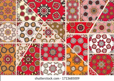 Vector patchwork quilt pattern. Vintage decorative collage. Hand drawn background. Indian, Arabic, Turkish motifs for printing on fabric or paper. Abstract colorful doodle pattern in mosaic style