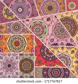 Vector patchwork quilt pattern. Vintage decorative collage. Hand drawn background. Indian, Arabic, Turkish motifs for printing on fabric or paper. Abstract colorful doodle pattern in mosaic style