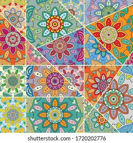 Vector patchwork quilt pattern. Vintage decorative collage. Hand drawn background. Indian, Arabic, Turkish motifs for printing on fabric or paper. Abstract colorful doodle pattern in mosaic style