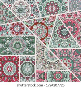 Vector patchwork quilt pattern. Vintage decorative collage. Hand drawn background. Indian, Arabic, Turkish motifs for printing on fabric or paper. Abstract colorful doodle pattern in mosaic style