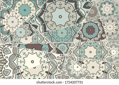 Vector patchwork quilt pattern. Vintage decorative collage. Hand drawn background. Indian, Arabic, Turkish motifs for printing on fabric or paper. Abstract colorful doodle pattern in mosaic style