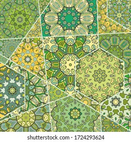 Vector patchwork quilt pattern. Vintage decorative collage. Hand drawn background. Indian, Arabic, Turkish motifs for printing on fabric or paper. Abstract colorful doodle pattern in mosaic style
