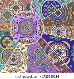 Vector patchwork quilt pattern. Vintage decorative collage. Hand drawn background. Indian, Arabic, Turkish motifs for printing on fabric or paper. Abstract colorful doodle pattern in mosaic style
