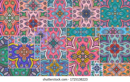 Vector patchwork quilt pattern. Vintage decorative collage. Hand drawn background. Indian, Arabic, Turkish motifs for printing on fabric or paper. Abstract colorful doodle pattern in mosaic style