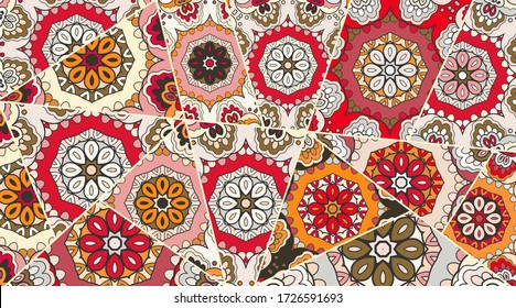 Vector patchwork quilt pattern. Vintage decorative collage. Hand drawn background. Indian, Arabic, Turkish motifs for printing on fabric or paper. Abstract colorful doodle pattern in mosaic style