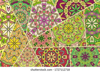Vector patchwork quilt pattern. Vintage decorative collage. Hand drawn background. Indian, Arabic, Turkish motifs for printing on fabric or paper. Abstract colorful doodle pattern in mosaic style