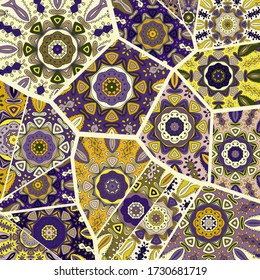 Vector patchwork quilt pattern. Vintage decorative collage. Hand drawn background. Indian, Arabic, Turkish motifs for printing on fabric or paper. Abstract colorful doodle pattern in mosaic style