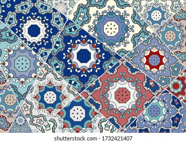 Vector patchwork quilt pattern. Vintage decorative collage. Hand drawn background. Indian, Arabic, Turkish motifs for printing on fabric or paper. Abstract colorful doodle pattern in mosaic style
