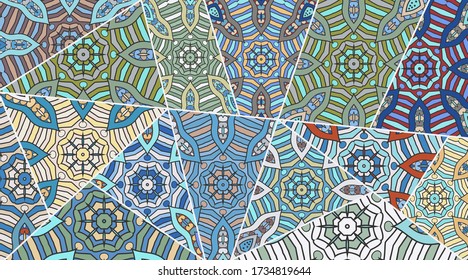 Vector patchwork quilt pattern. Vintage decorative collage. Hand drawn background. Indian, Arabic, Turkish motifs for printing on fabric or paper. Abstract colorful doodle pattern in mosaic style