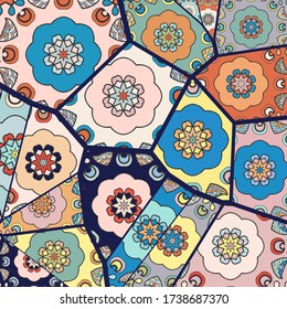 Vector patchwork quilt pattern. Vintage decorative collage. Hand drawn background. Indian, Arabic, Turkish motifs for printing on fabric or paper. Abstract colorful doodle pattern in mosaic style