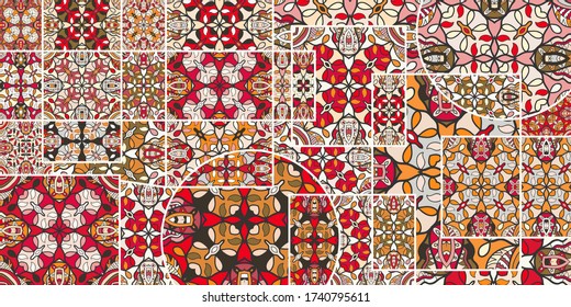 Vector patchwork quilt pattern. Vintage decorative collage. Hand drawn background. Indian, Arabic, Turkish motifs for printing on fabric or paper. Abstract colorful doodle pattern in mosaic style