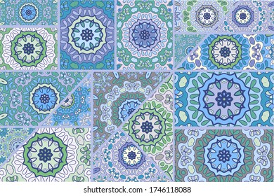 Vector patchwork quilt pattern. Vintage decorative collage. Hand drawn background. Indian, Arabic, Turkish motifs for printing on fabric or paper. Abstract colorful doodle pattern in mosaic style