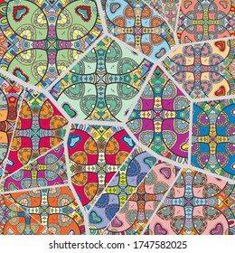 Vector patchwork quilt pattern. Vintage decorative collage. Hand drawn background. Indian, Arabic, Turkish motifs for printing on fabric or paper. Abstract colorful doodle pattern in mosaic style