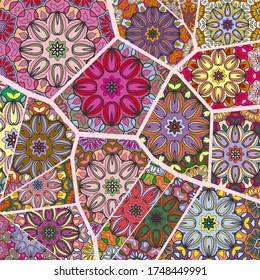 Vector patchwork quilt pattern. Vintage decorative collage. Hand drawn background. Indian, Arabic, Turkish motifs for printing on fabric or paper. Abstract colorful doodle pattern in mosaic style