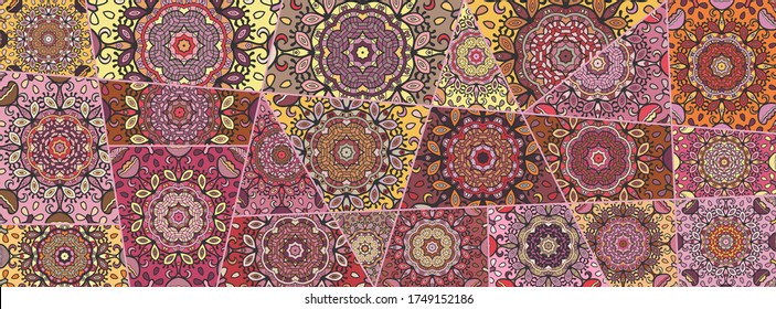Vector patchwork quilt pattern. Vintage decorative collage. Hand drawn background. Indian, Arabic, Turkish motifs for printing on fabric or paper. Abstract colorful doodle pattern in mosaic style