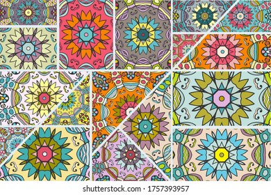 Vector patchwork quilt pattern. Vintage decorative collage. Hand drawn background. Indian, Arabic, Turkish motifs for printing on fabric or paper. Abstract colorful doodle pattern in mosaic style