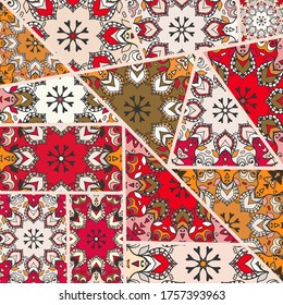 Vector patchwork quilt pattern. Vintage decorative collage. Hand drawn background. Indian, Arabic, Turkish motifs for printing on fabric or paper. Abstract colorful doodle pattern in mosaic style