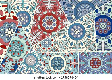 Vector patchwork quilt pattern. Vintage decorative collage. Hand drawn background. Indian, Arabic, Turkish motifs for printing on fabric or paper. Abstract colorful doodle pattern in mosaic style