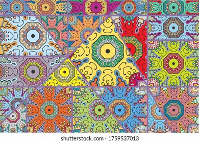 Vector patchwork quilt pattern. Vintage decorative collage. Hand drawn background. Indian, Arabic, Turkish motifs for printing on fabric or paper. Abstract colorful doodle pattern in mosaic style