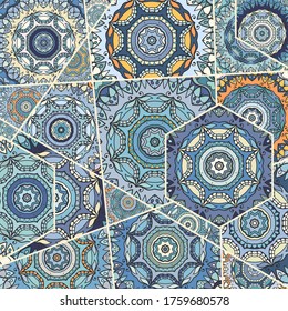 Vector patchwork quilt pattern. Vintage decorative collage. Hand drawn background. Indian, Arabic, Turkish motifs for printing on fabric or paper. Abstract colorful doodle pattern in mosaic style