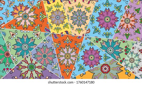Vector patchwork quilt pattern. Vintage decorative collage. Hand drawn background. Indian, Arabic, Turkish motifs for printing on fabric or paper. Abstract colorful doodle pattern in mosaic style