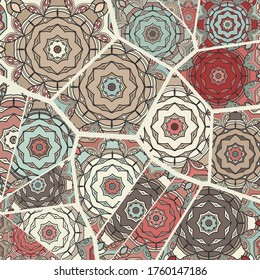 Vector patchwork quilt pattern. Vintage decorative collage. Hand drawn background. Indian, Arabic, Turkish motifs for printing on fabric or paper. Abstract colorful doodle pattern in mosaic style