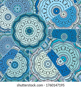 Vector patchwork quilt pattern. Vintage decorative collage. Hand drawn background. Indian, Arabic, Turkish motifs for printing on fabric or paper. Abstract colorful doodle pattern in mosaic style