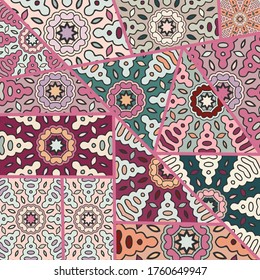 Vector patchwork quilt pattern. Vintage decorative collage. Hand drawn background. Indian, Arabic, Turkish motifs for printing on fabric or paper. Abstract colorful doodle pattern in mosaic style