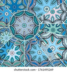 Vector patchwork quilt pattern. Vintage decorative collage. Hand drawn background. Indian, Arabic, Turkish motifs for printing on fabric or paper. Abstract colorful doodle pattern in mosaic style