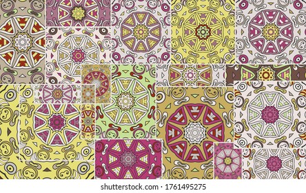 Vector patchwork quilt pattern. Vintage decorative collage. Hand drawn background. Indian, Arabic, Turkish motifs for printing on fabric or paper. Abstract colorful doodle pattern in mosaic style