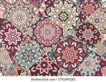 Vector patchwork quilt pattern. Vintage decorative collage. Hand drawn background. Indian, Arabic, Turkish motifs for printing on fabric or paper. Abstract colorful doodle pattern in mosaic style