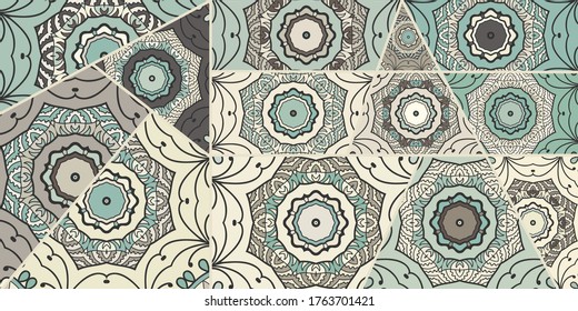 Vector patchwork quilt pattern. Vintage decorative collage. Hand drawn background. Indian, Arabic, Turkish motifs for printing on fabric or paper. Abstract colorful doodle pattern in mosaic style