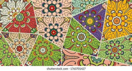 Vector patchwork quilt pattern. Vintage decorative collage. Hand drawn background. Indian, Arabic, Turkish motifs for printing on fabric or paper. Abstract colorful doodle pattern in mosaic style