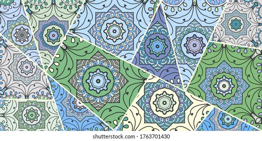 Vector patchwork quilt pattern. Vintage decorative collage. Hand drawn background. Indian, Arabic, Turkish motifs for printing on fabric or paper. Abstract colorful doodle pattern in mosaic style