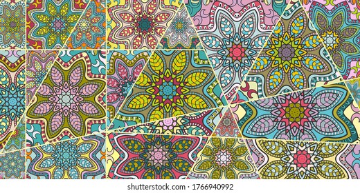 Vector patchwork quilt pattern. Vintage decorative collage. Hand drawn background. Indian, Arabic, Turkish motifs for printing on fabric or paper. Abstract colorful doodle pattern in mosaic style