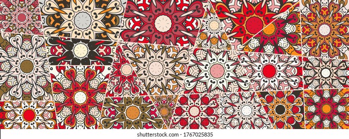 Vector patchwork quilt pattern. Vintage decorative collage. Hand drawn background. Indian, Arabic, Turkish motifs for printing on fabric or paper. Abstract colorful doodle pattern in mosaic style