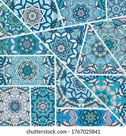 Vector patchwork quilt pattern. Vintage decorative collage. Hand drawn background. Indian, Arabic, Turkish motifs for printing on fabric or paper. Abstract colorful doodle pattern in mosaic style