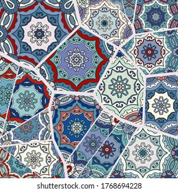 Vector patchwork quilt pattern. Vintage decorative collage. Hand drawn background. Indian, Arabic, Turkish motifs for printing on fabric or paper. Abstract colorful doodle pattern in mosaic style