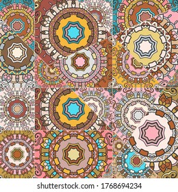Vector patchwork quilt pattern. Vintage decorative collage. Hand drawn background. Indian, Arabic, Turkish motifs for printing on fabric or paper. Abstract colorful doodle pattern in mosaic style