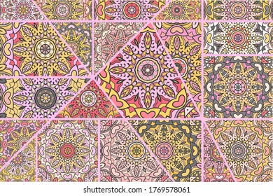 Vector patchwork quilt pattern. Vintage decorative collage. Hand drawn background. Indian, Arabic, Turkish motifs for printing on fabric or paper. Abstract colorful doodle pattern in mosaic style