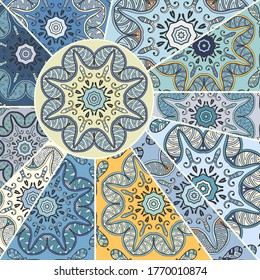 Vector patchwork quilt pattern. Vintage decorative collage. Hand drawn background. Indian, Arabic, Turkish motifs for printing on fabric or paper. Abstract colorful doodle pattern in mosaic style