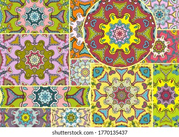 Vector patchwork quilt pattern. Vintage decorative collage. Hand drawn background. Indian, Arabic, Turkish motifs for printing on fabric or paper. Abstract colorful doodle pattern in mosaic style