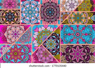 Vector patchwork quilt pattern. Vintage decorative collage. Hand drawn background. Indian, Arabic, Turkish motifs for printing on fabric or paper. Abstract colorful doodle pattern in mosaic style